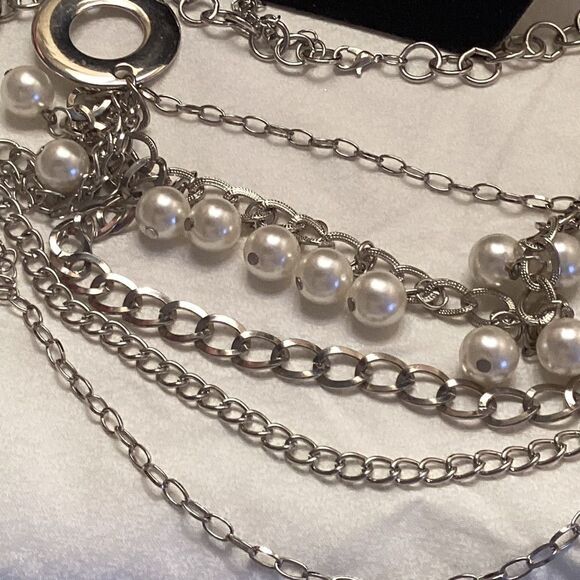 Adjustable Length Silvertone and Faux Pearl Necklace Multi Strand - Picture 2 of 6